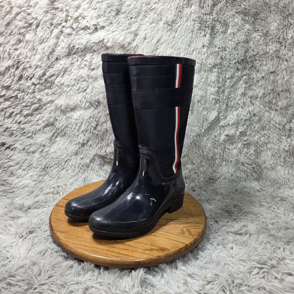 Tommy Hilfiger Rain Boots Womens Size 8 Tall Blue Navy W/ Stripes Block Heel